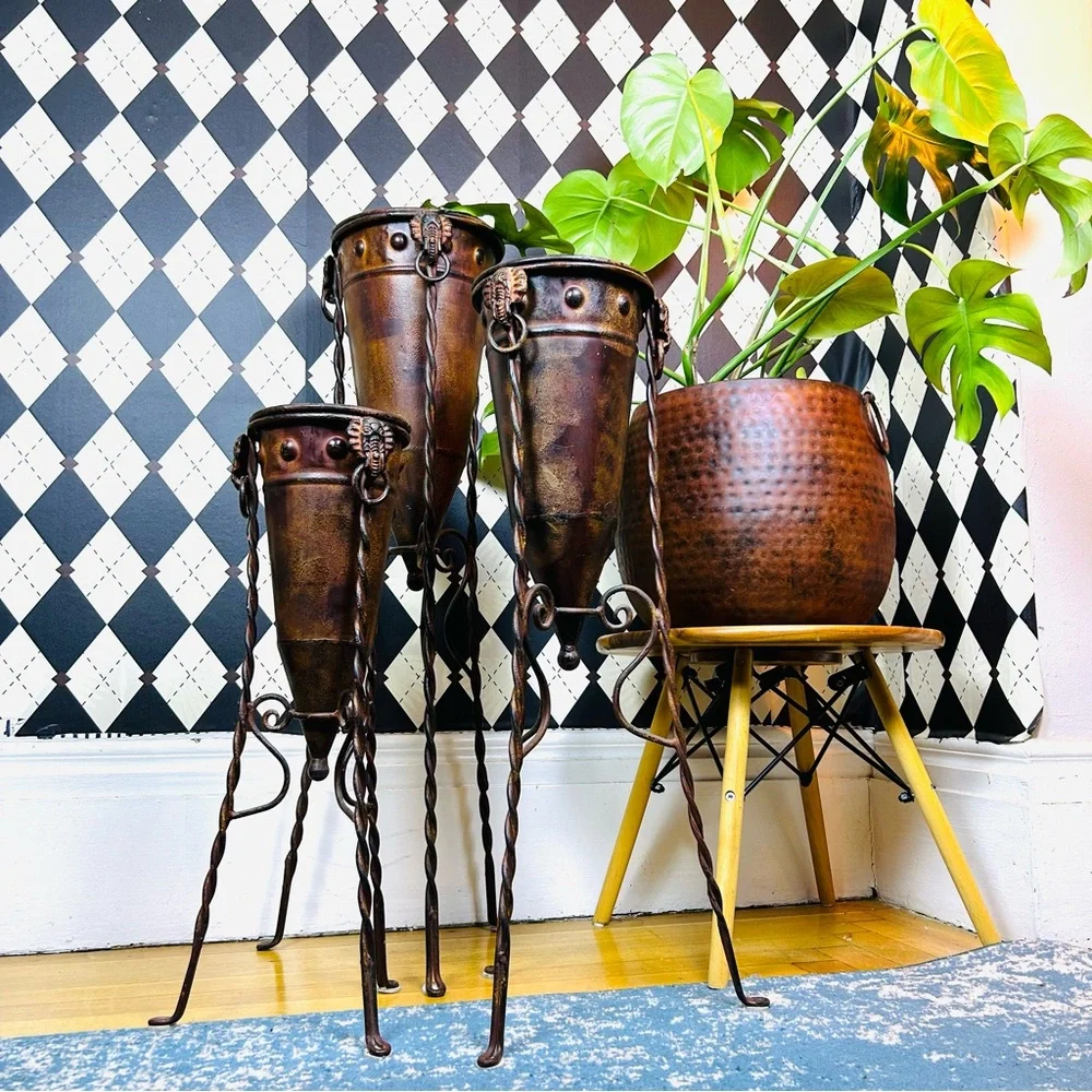 Primitive-Modern Sculptural Floor Vessels Totemic Metal Forms on Forged Stands‎ - Picture 12 of 17